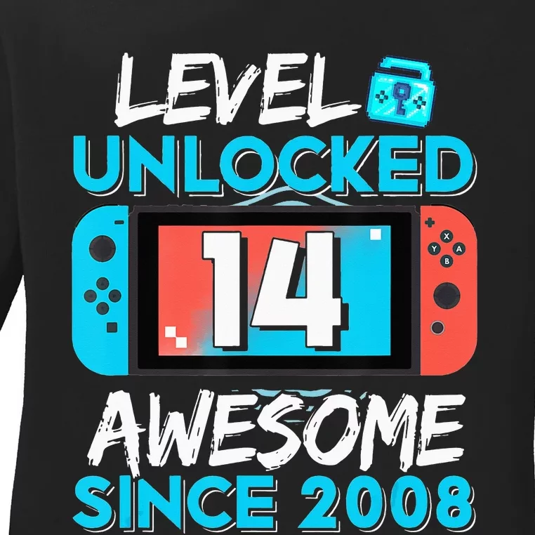 14Th Birthday  Level 14 Unlocked Awesome 2008 Video Gamer Ladies Long Sleeve Shirt