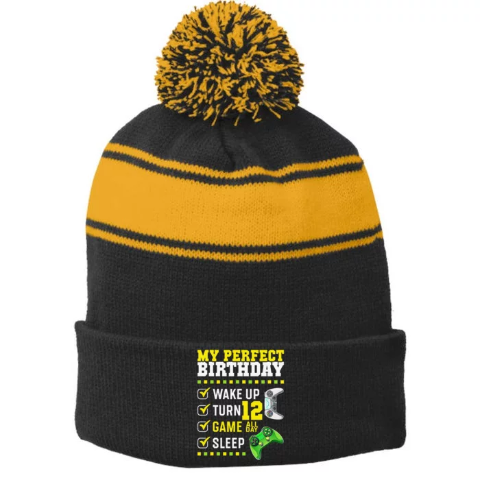 12th Birthday Party Perfect For Gamer 12 Years Old Stripe Pom Pom Beanie