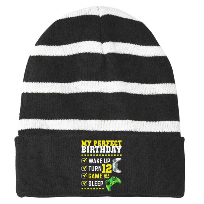 12th Birthday Party Perfect For Gamer 12 Years Old Striped Beanie with Solid Band