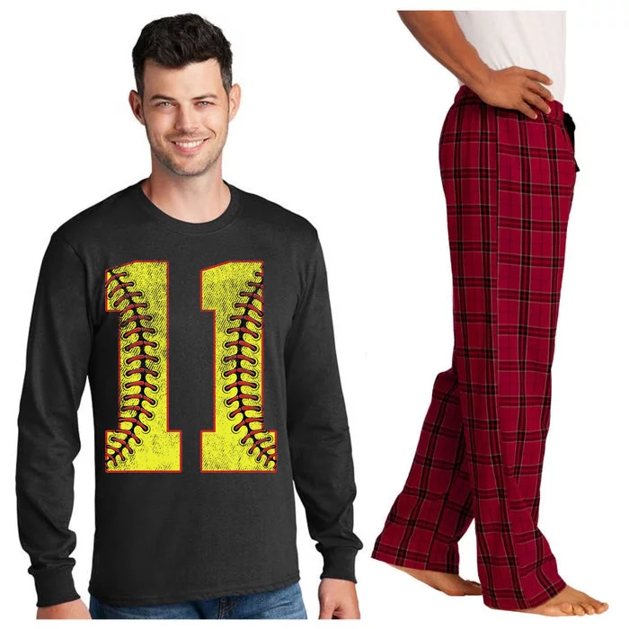 11th Birthday Party Eleven 11 Year Old Softball Bday Long Sleeve Pajama Set