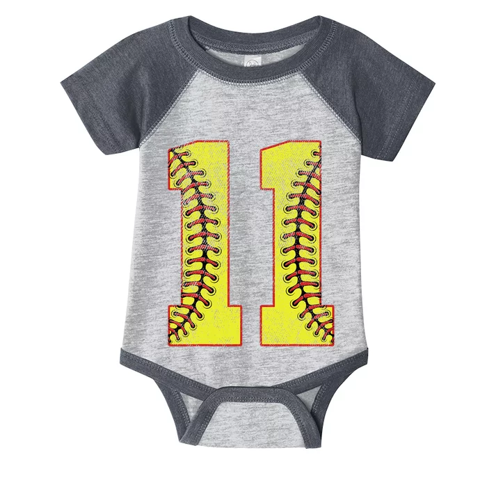 11th Birthday Party Eleven 11 Year Old Softball Bday Infant Baby Jersey Bodysuit