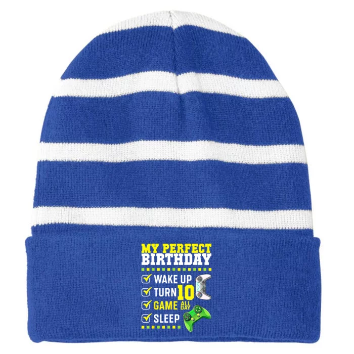 10th Birthday Party Perfect For Gamer 10 Years Old Boy Striped Beanie with Solid Band