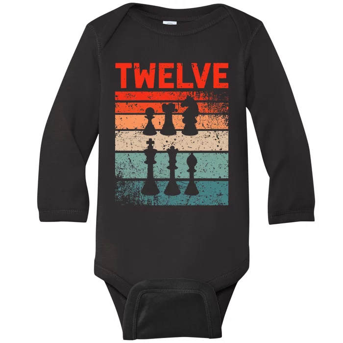 12th Birthday Retro Chess 12 Years Old Baby Long Sleeve Bodysuit