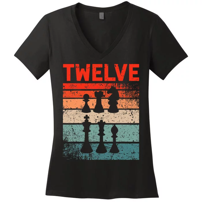 12th Birthday Retro Chess 12 Years Old Women's V-Neck T-Shirt