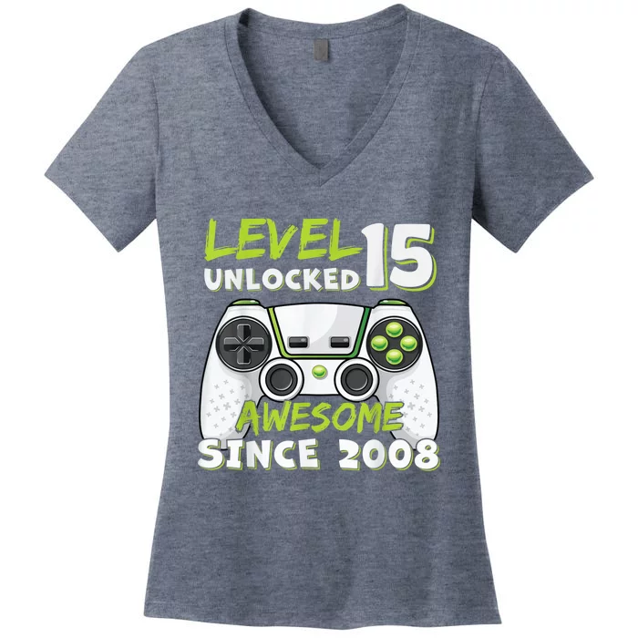 15yr BDay Son Boy Funny Gamer 15th 15 Year Old Birthday Women's V-Neck T-Shirt