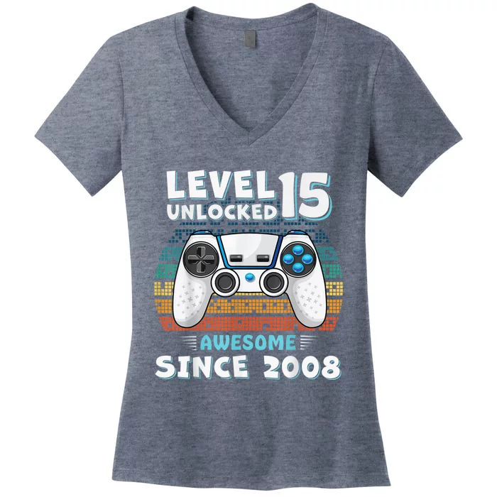 15yr BDay Son Boy Funny Gamer 15th 15 Year Old Birthday Women's V-Neck T-Shirt