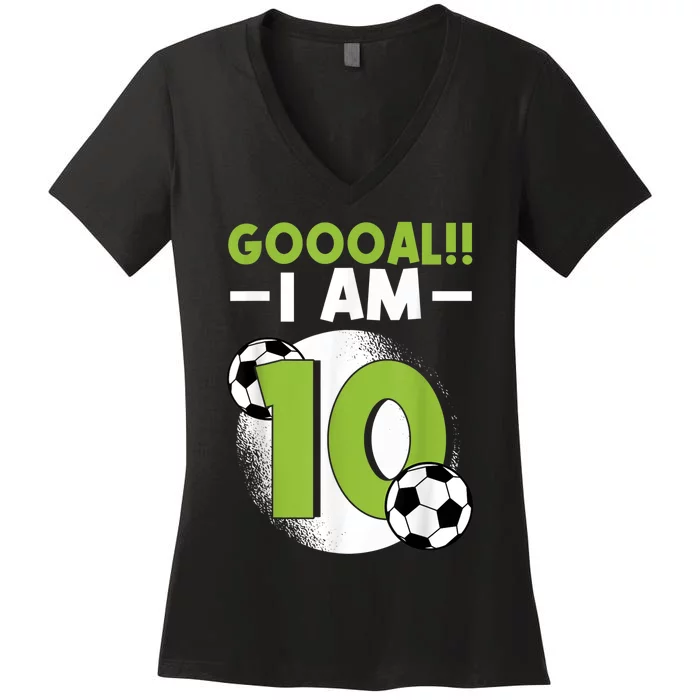 10th Birthday Soccer Themed Birthday Party 10 Years Old Women's V-Neck T-Shirt