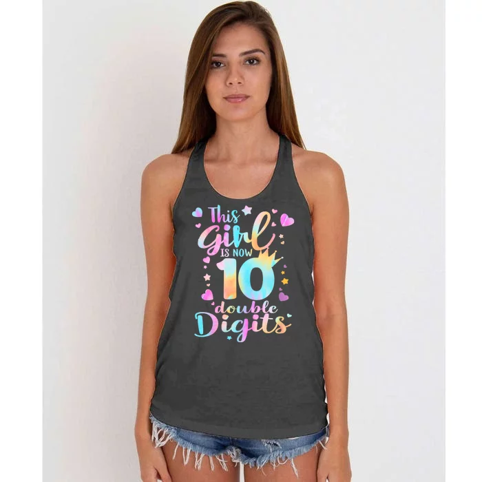 10th Birthday This Girl Is Now 10 Double Digits Tie Dye Women's Knotted Racerback Tank