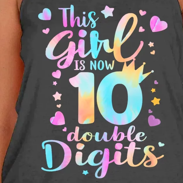 10th Birthday This Girl Is Now 10 Double Digits Tie Dye Women's Knotted Racerback Tank