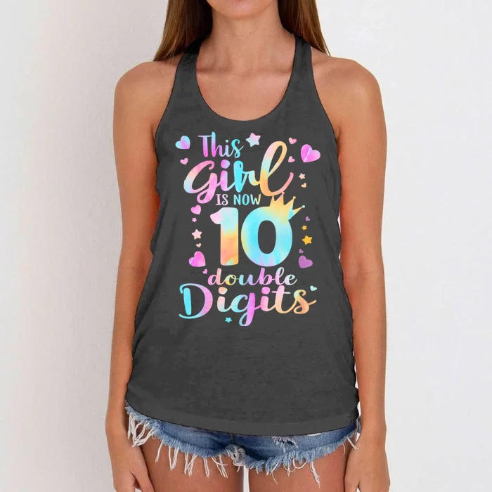 10th Birthday This Girl Is Now 10 Double Digits Tie Dye Women's Knotted Racerback Tank