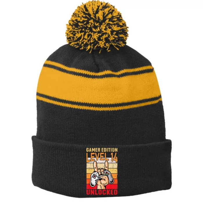 14Th Birthday Video Gamer Edition Level 14 Unlocked Stripe Pom Pom Beanie