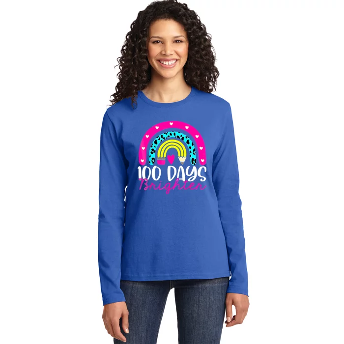 100 Days Brighter Teacher Student 100 Days Of School Rainbow Cute Gift Ladies Long Sleeve Shirt