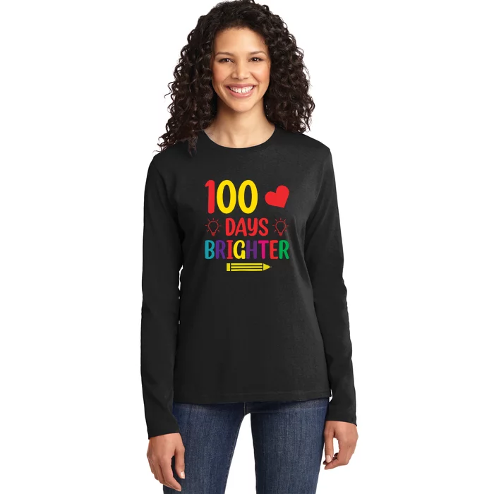 100 Days Brighter Teacher Student 100 Days Of School Ladies Long Sleeve Shirt