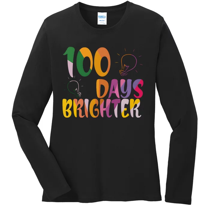 100 Days Brighter 100 Days Of School Teacher Ladies Long Sleeve Shirt