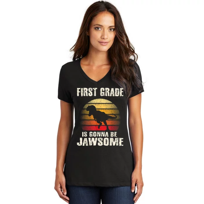 1st Day First Grade Back To School Jawsome Dinosaur Boy Women's V-Neck T-Shirt