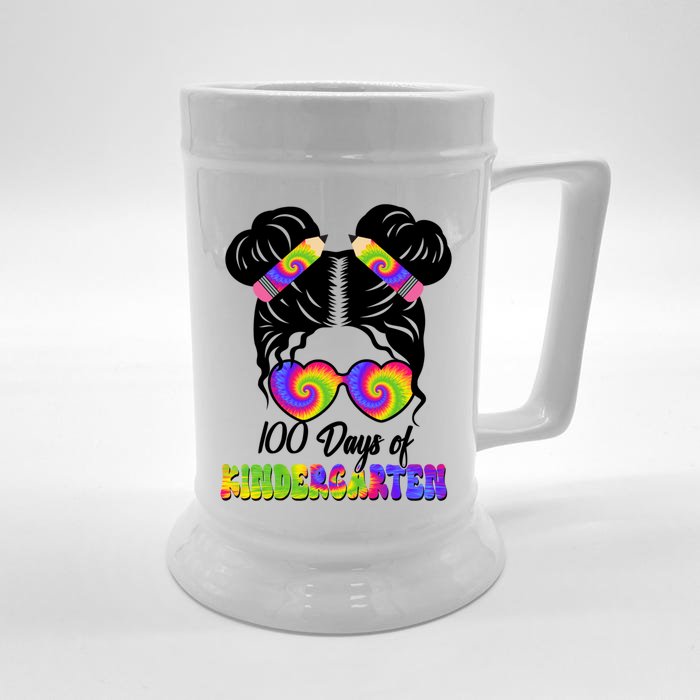 100 Day Kindergarten Messy Bun 100 Day Being Smarter Tie Dye Great Gift Front & Back Beer Stein