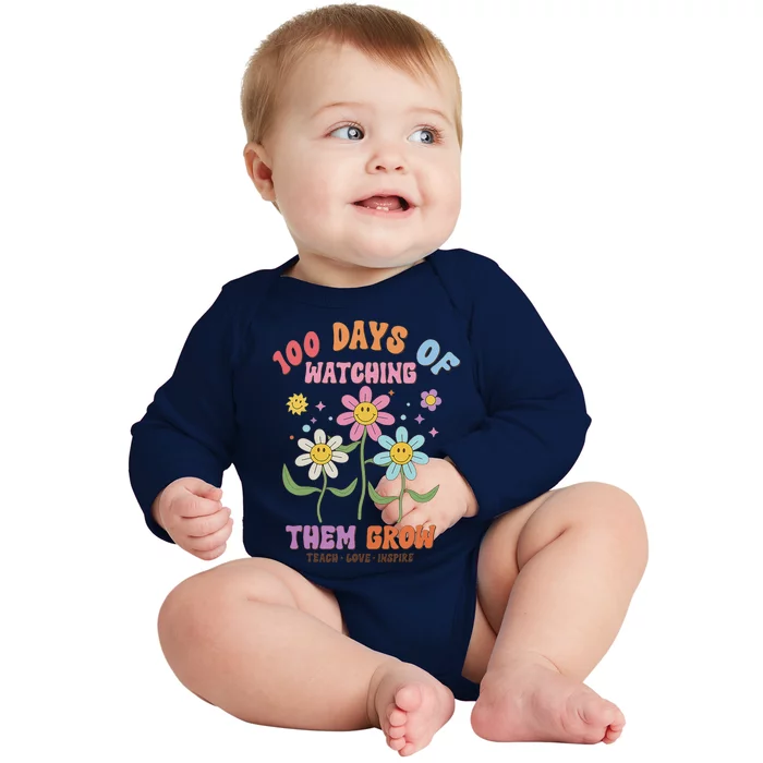 100 Days Of Watching Them Grow Teacher 100th Day Of School Baby Long Sleeve Bodysuit