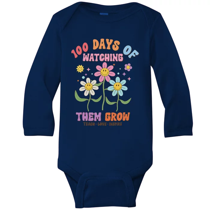 100 Days Of Watching Them Grow Teacher 100th Day Of School Baby Long Sleeve Bodysuit