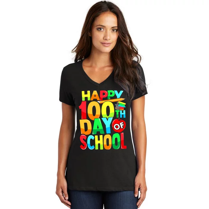 100 Days of School Teachers Girls Boys Happy 100th Day Women's V-Neck T-Shirt