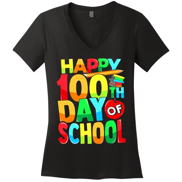 100 Days of School Teachers Girls Boys Happy 100th Day Women's V-Neck T-Shirt