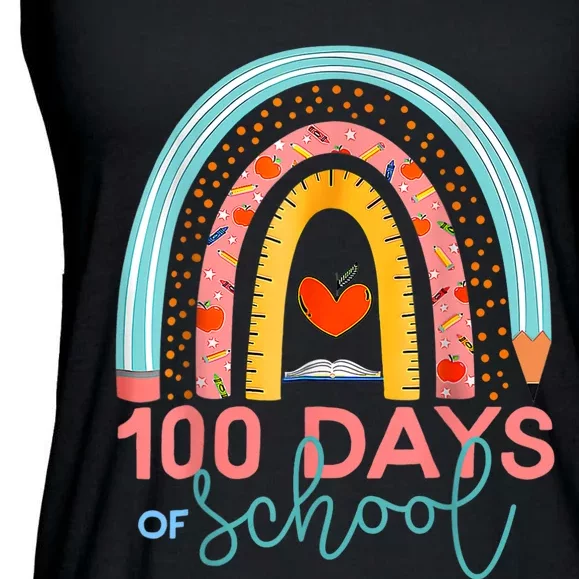 100th Day Of School Teacher 100 Days Smarter Boho Rainbow Ladies Essential Flowy Tank