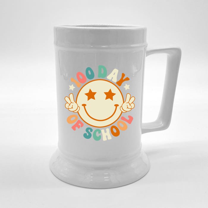 100th Days Of School Cute Happy Face 100 Days Smarter Groovy Great Gift Front & Back Beer Stein