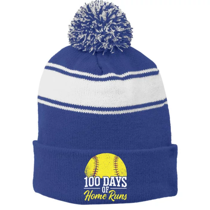 100 Days Of Home Runs School Teacher Student Educator Gift Stripe Pom Pom Beanie