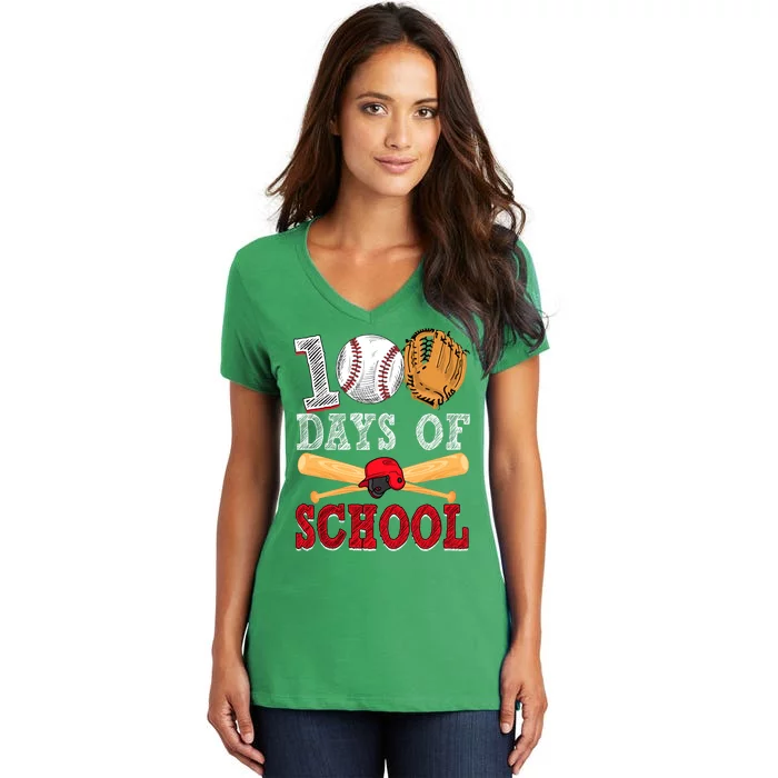 100 Days Of School Baseball Lover Women's V-Neck T-Shirt