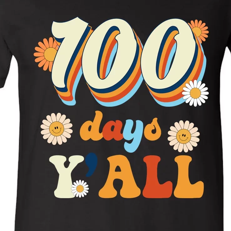 100 Days Of School Retro Sunflower V-Neck T-Shirt