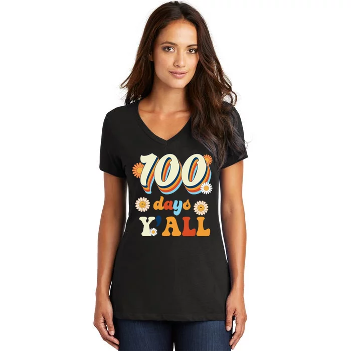 100 Days Of School Retro Sunflower Women's V-Neck T-Shirt