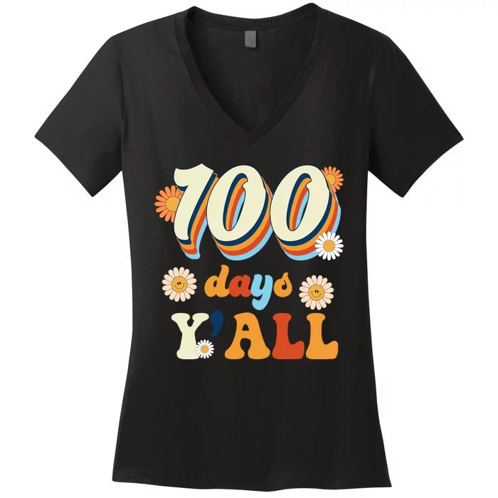 100 Days Of School Retro Sunflower Women's V-Neck T-Shirt