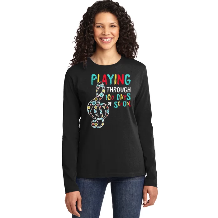 100 Days Of School Playing Music Teacher Cool Student Ladies Long Sleeve Shirt