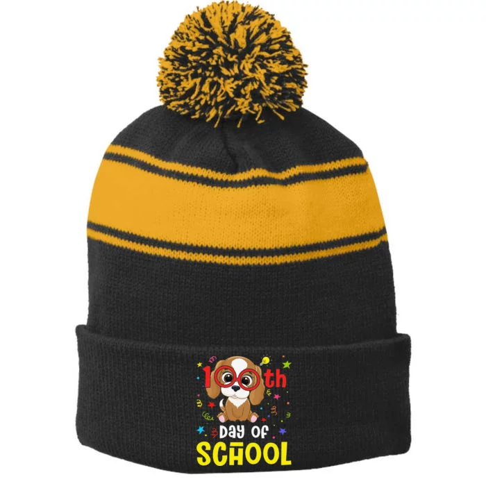 100th Day Of School Dog Cute 100 Days Student Teacher Stripe Pom Pom Beanie