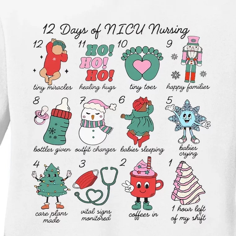 12 Days Of Nicu Nursing Christmas Neonatal Intensive Care Ladies Long Sleeve Shirt