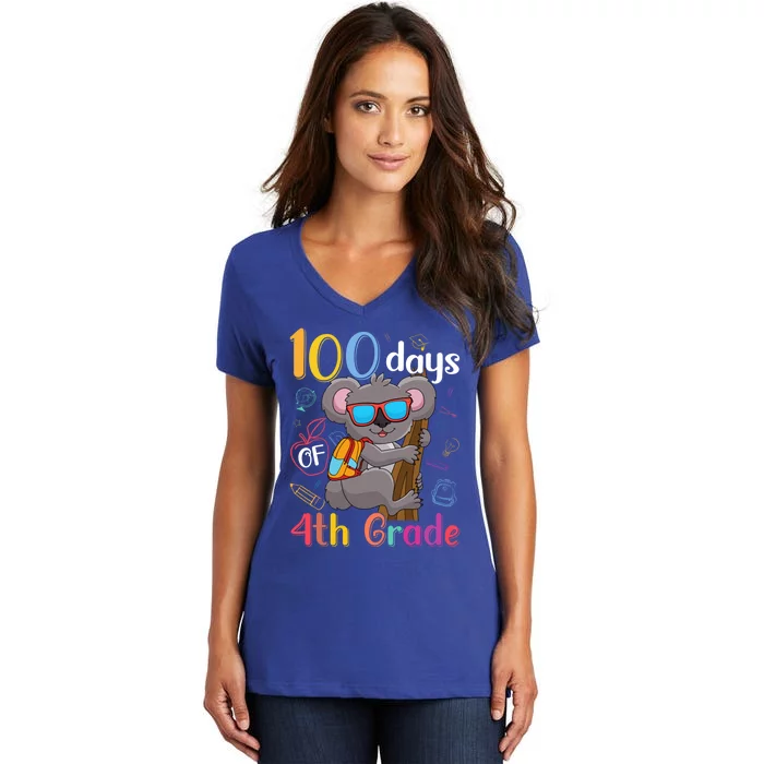 100 Days Of 4Th Grade Koala 100Th Day School Fourth Grade Gift Women's V-Neck T-Shirt