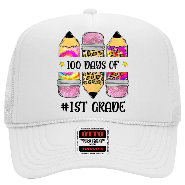 100 Days Of 1st Grade Funny 100 Days Of School High Crown Mesh Trucker Hat