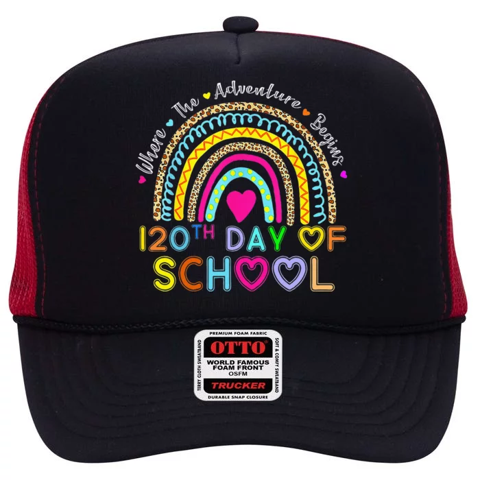 120th Day Of School Teacher 120 Days Smarter Rainbow High Crown Mesh Trucker Hat