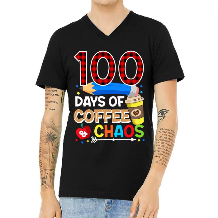 100 Days Of Coffee & Chaos - 100th Day Of School Teacher V-Neck T-Shirt