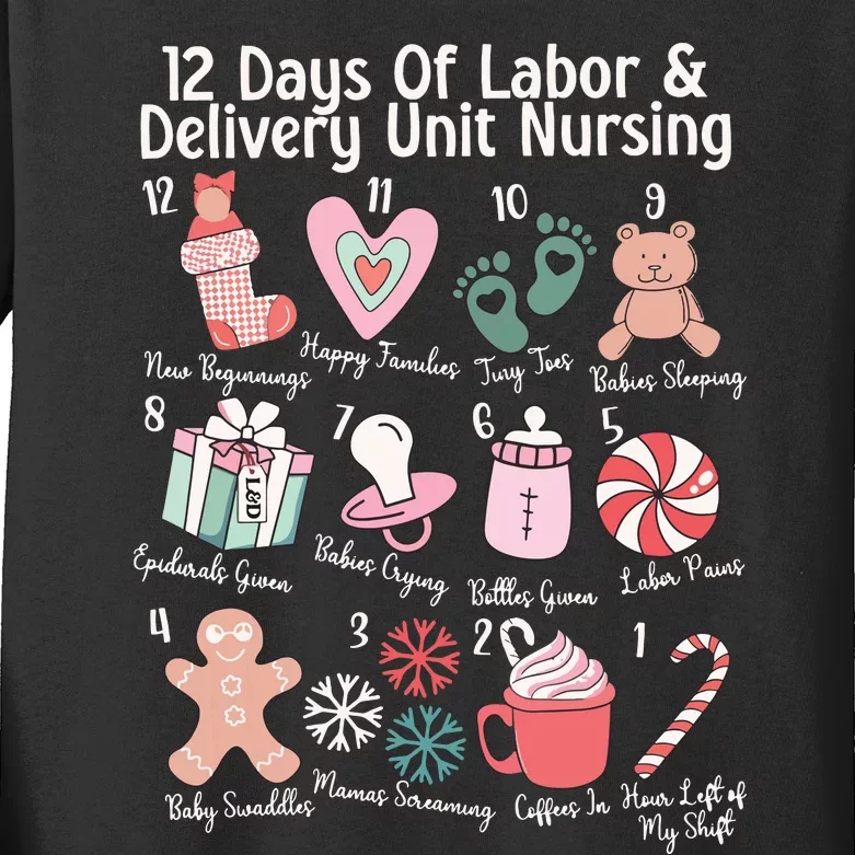 12 Days Of Labor And Delivery Unit Nursing Nurse Christmas Kids Long Sleeve Shirt