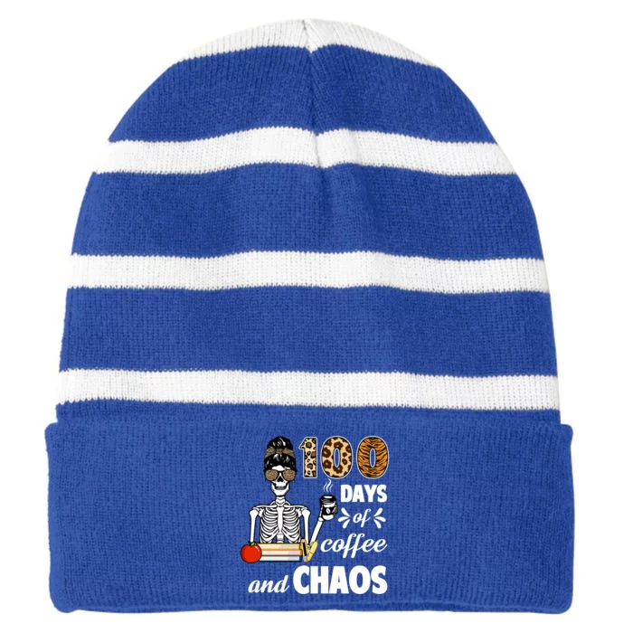 100 Days Of Coffee And Chaos 100th Day Skeleton Teacher Gift Striped Beanie with Solid Band