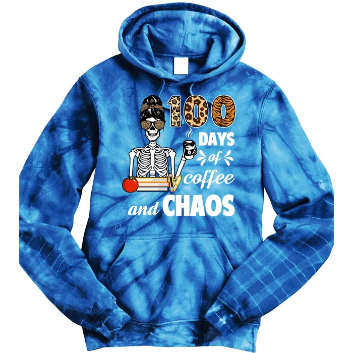 100 Days Of Coffee And Chaos 100th Day Skeleton Teacher Gift Tie Dye Hoodie