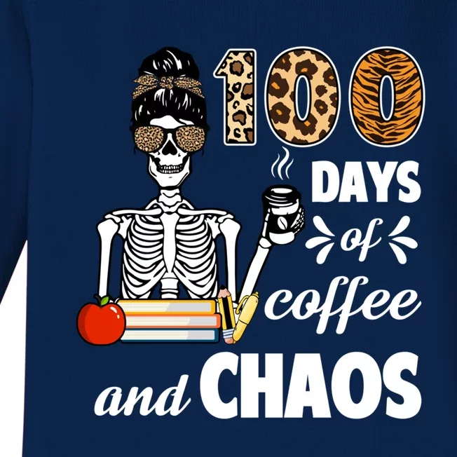 100 Days Of Coffee And Chaos 100th Day Skeleton Teacher Gift Baby Long Sleeve Bodysuit