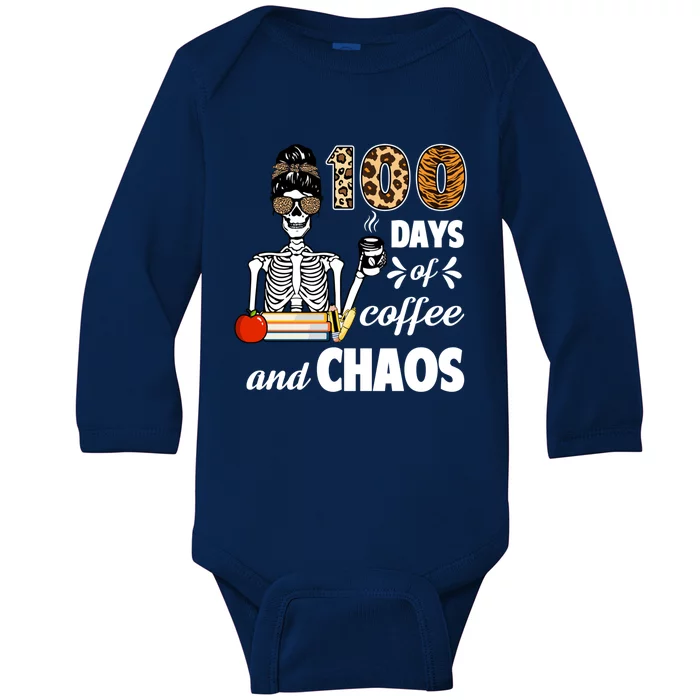 100 Days Of Coffee And Chaos 100th Day Skeleton Teacher Gift Baby Long Sleeve Bodysuit