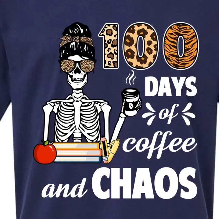 100 Days Of Coffee And Chaos 100th Day Skeleton Teacher Gift Sueded Cloud Jersey T-Shirt