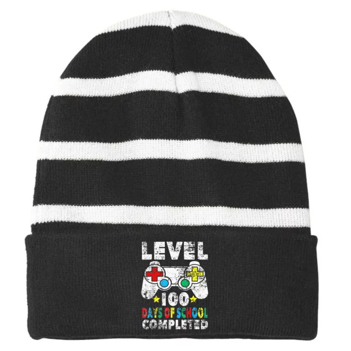 100 Days Of School Completed Gamer Gifts Level Up Gaming Striped Beanie with Solid Band