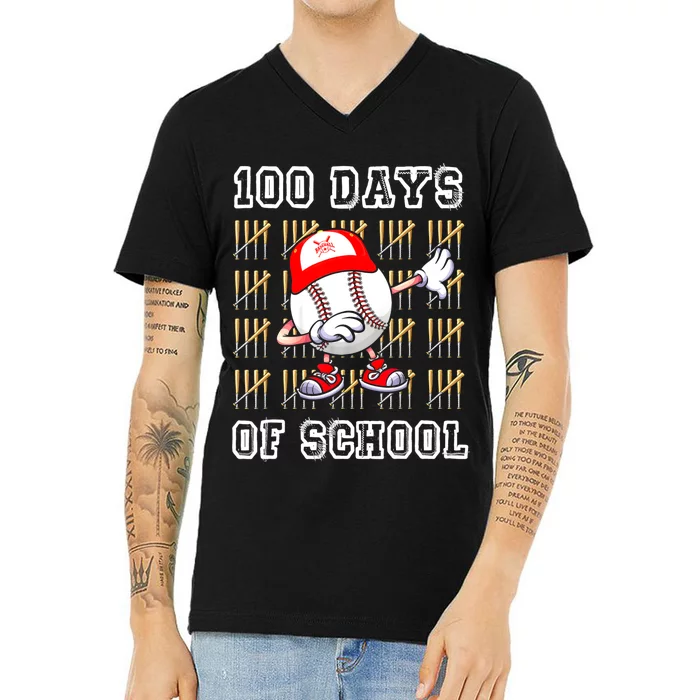 100 Days Of School 100th Day Baseball Teacher V-Neck T-Shirt