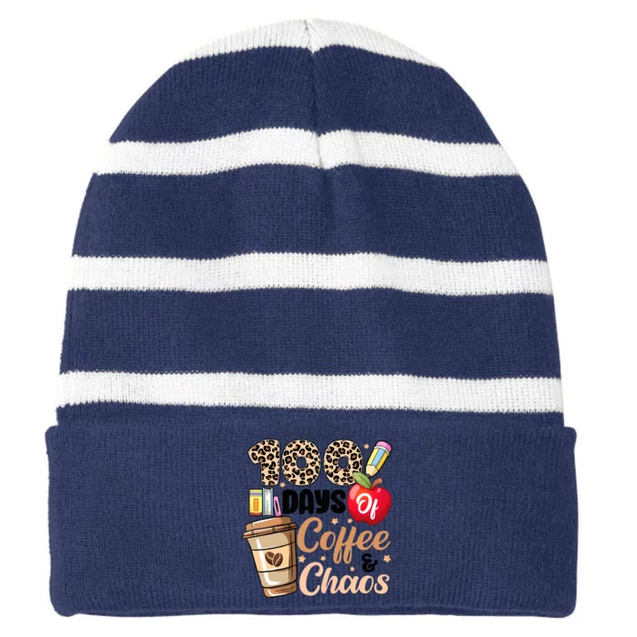 100 Days Of Coffee And Chaos Leopard Teacher Striped Beanie with Solid Band