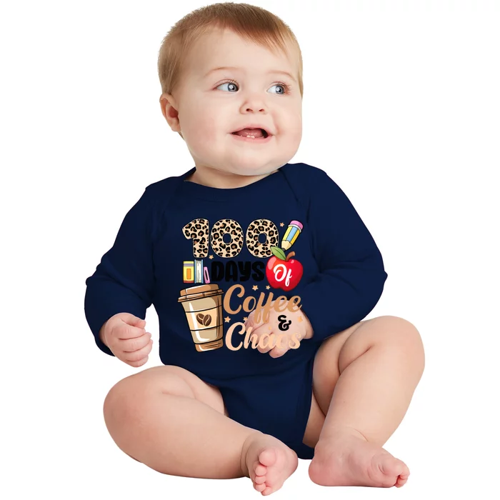 100 Days Of Coffee And Chaos Leopard Teacher Baby Long Sleeve Bodysuit