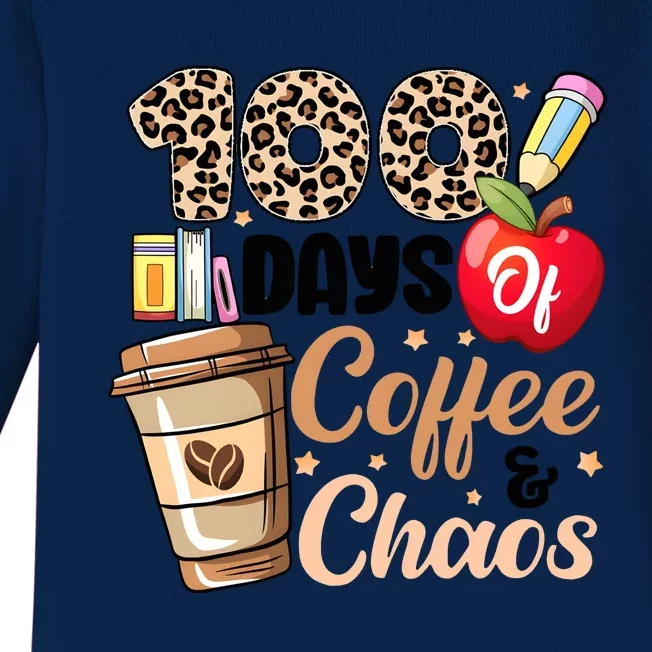 100 Days Of Coffee And Chaos Leopard Teacher Baby Long Sleeve Bodysuit