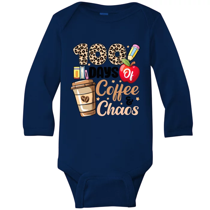 100 Days Of Coffee And Chaos Leopard Teacher Baby Long Sleeve Bodysuit